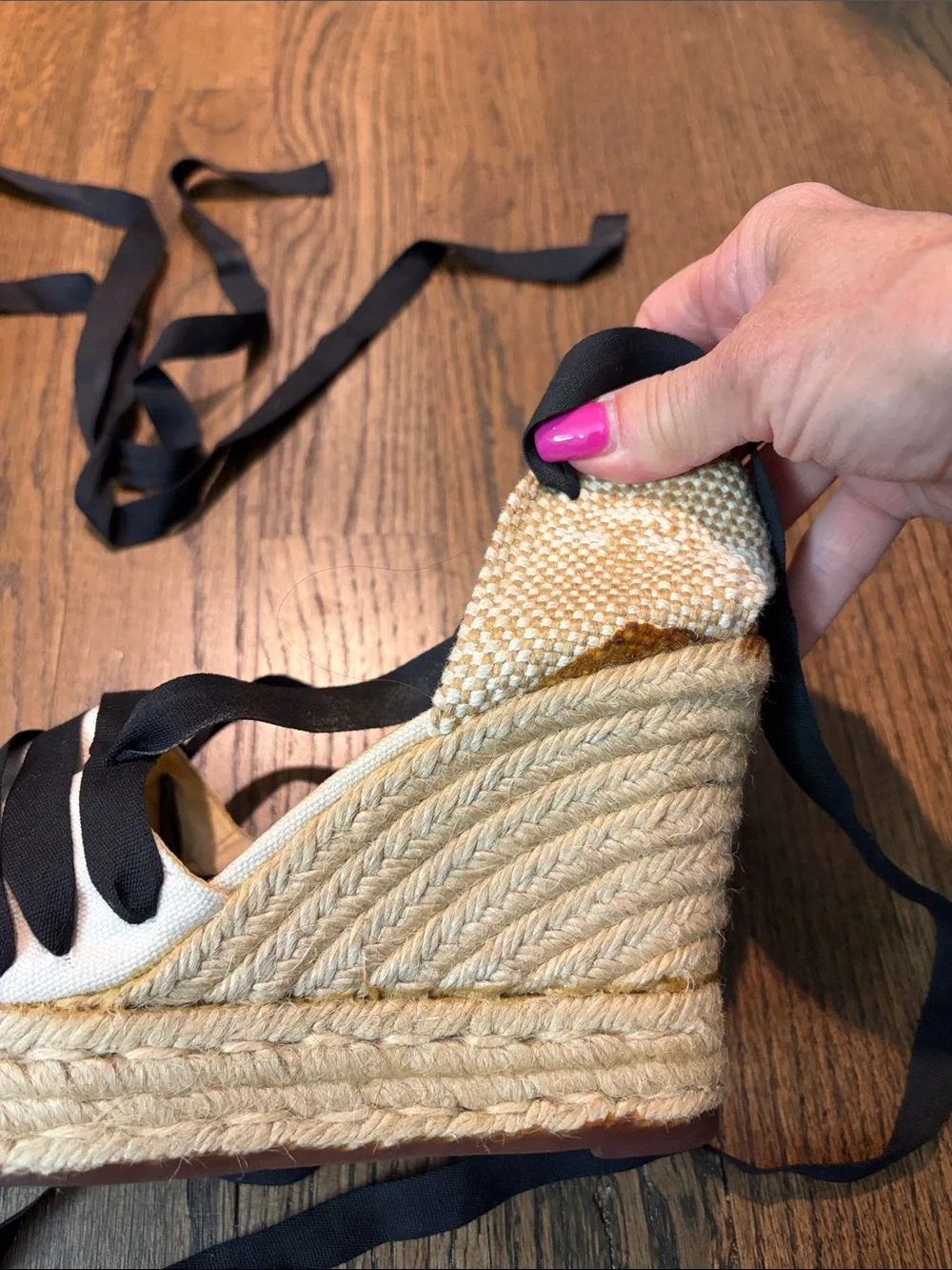 Castaner size 7 Cream Canvas Espadrille Wedges with Black Ribbon Ties